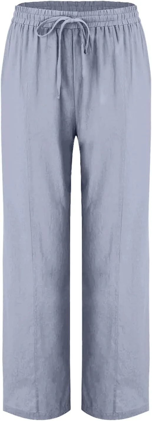 Cotton Linen Pant Women Drawstring High Waisted Dress Pants Straight Leg Jogger Sweatpants Summer Beach Slacks Clothes
