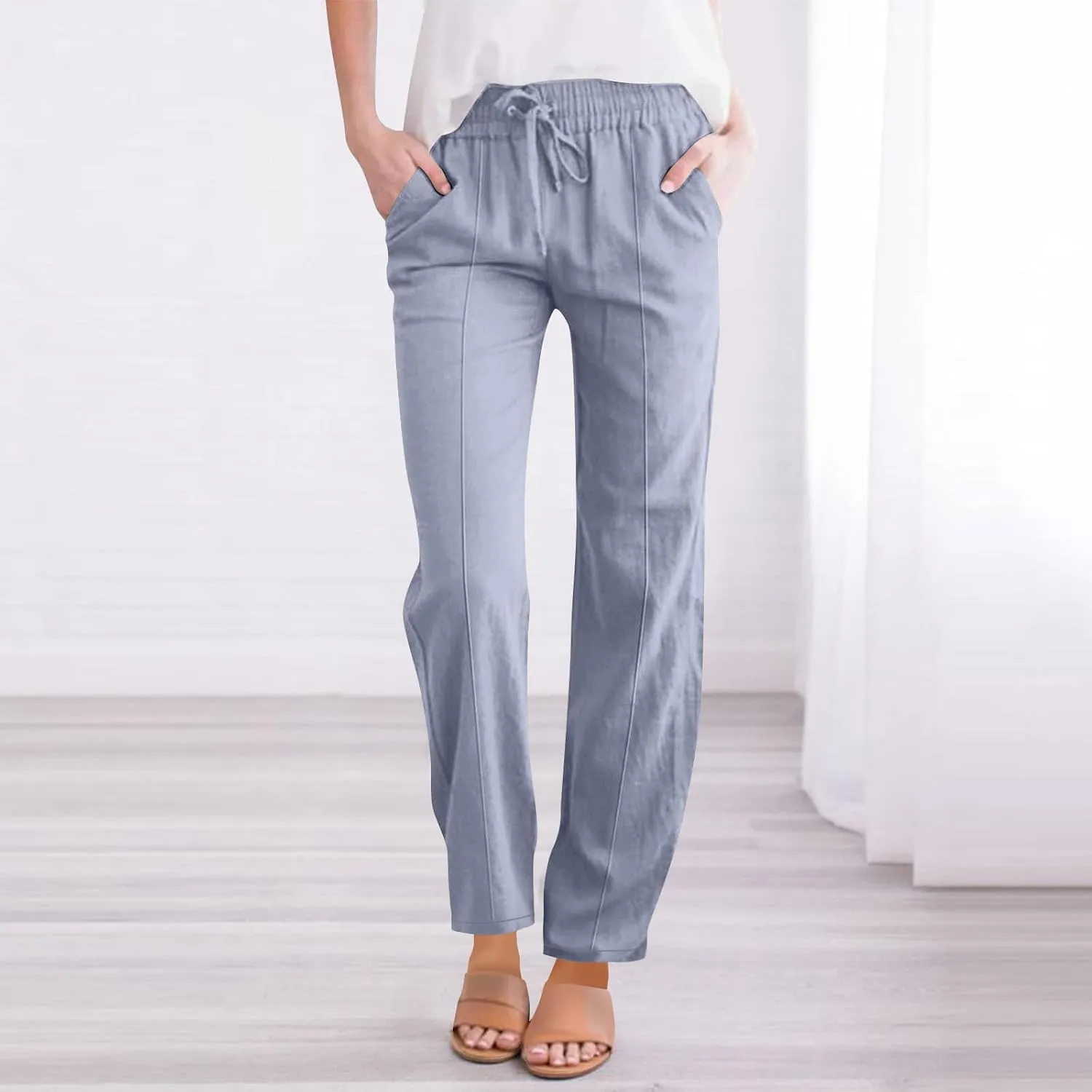 Cotton Linen Pant Women Drawstring High Waisted Dress Pants Straight Leg Jogger Sweatpants Summer Beach Slacks Clothes