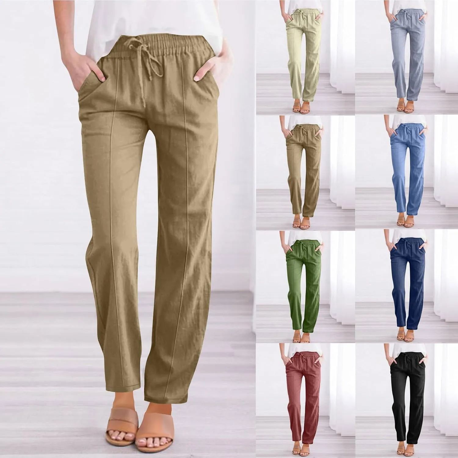 Cotton Linen Pant Women Drawstring High Waisted Dress Pants Straight Leg Jogger Sweatpants Summer Beach Slacks Clothes