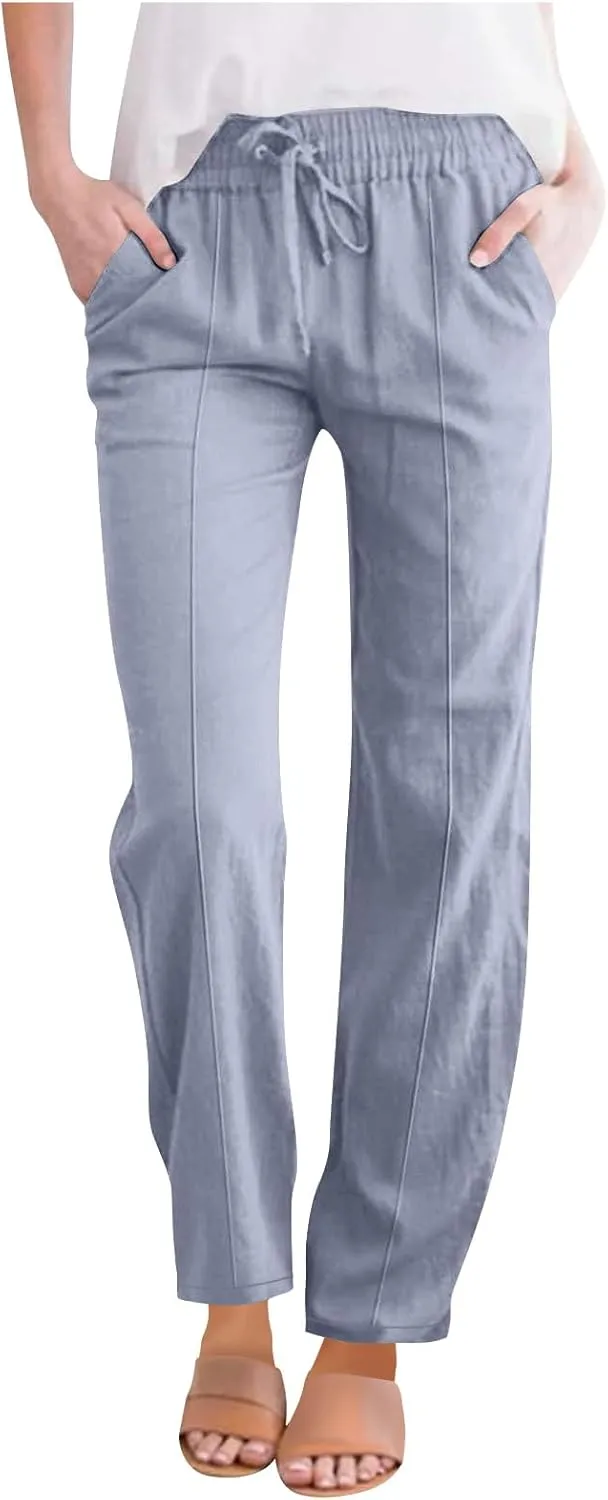Cotton Linen Pant Women Drawstring High Waisted Dress Pants Straight Leg Jogger Sweatpants Summer Beach Slacks Clothes