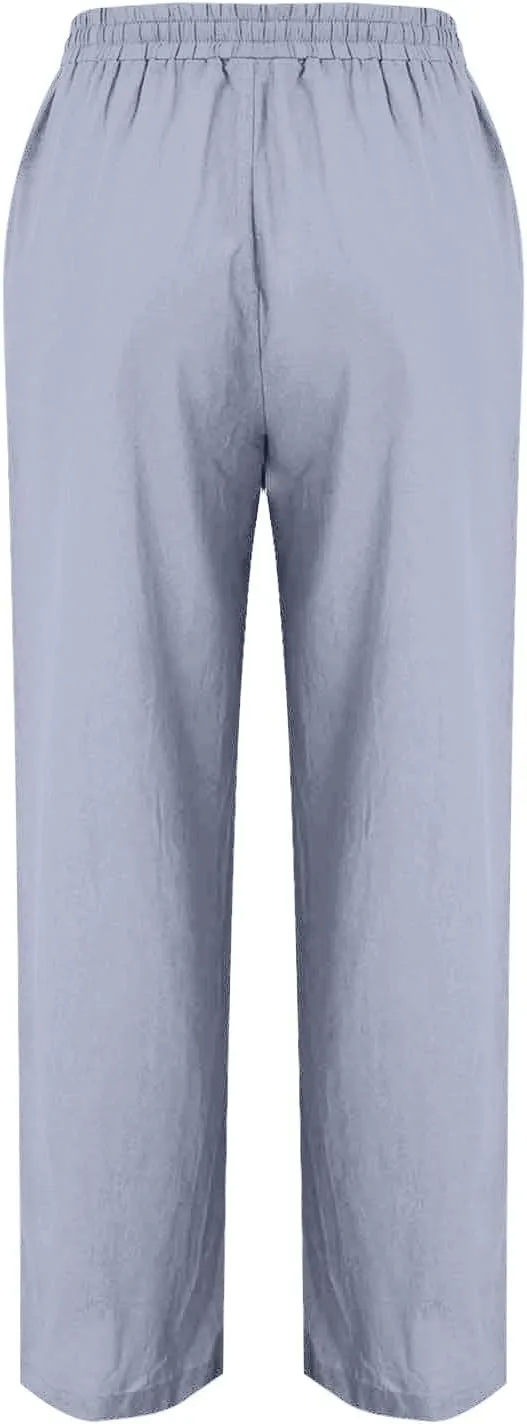 Cotton Linen Pant Women Drawstring High Waisted Dress Pants Straight Leg Jogger Sweatpants Summer Beach Slacks Clothes
