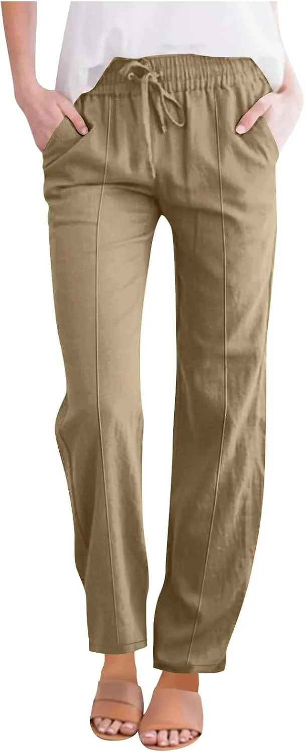 Cotton Linen Pant Women Drawstring High Waisted Dress Pants Straight Leg Jogger Sweatpants Summer Beach Slacks Clothes