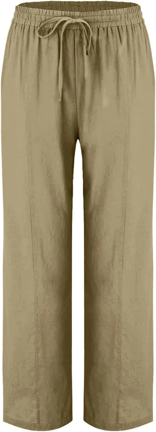 Cotton Linen Pant Women Drawstring High Waisted Dress Pants Straight Leg Jogger Sweatpants Summer Beach Slacks Clothes