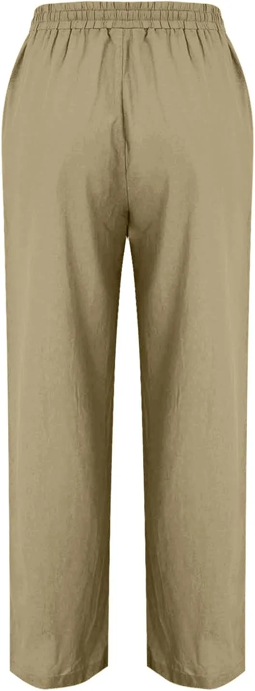 Cotton Linen Pant Women Drawstring High Waisted Dress Pants Straight Leg Jogger Sweatpants Summer Beach Slacks Clothes