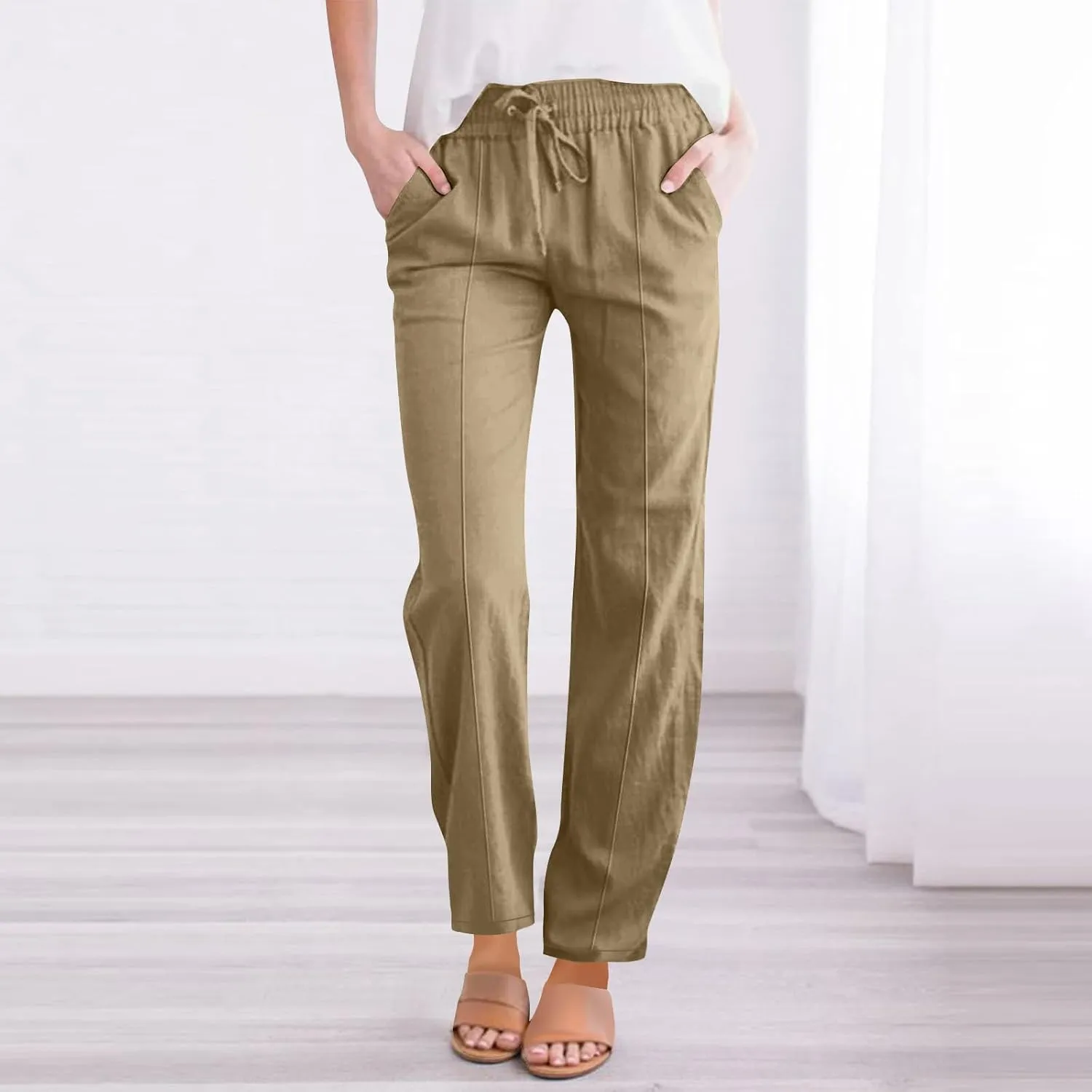 Cotton Linen Pant Women Drawstring High Waisted Dress Pants Straight Leg Jogger Sweatpants Summer Beach Slacks Clothes