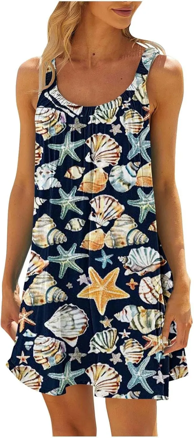 hlysgo Beach Dresses for Women 2025 Vacation Summer Sleeveless Mini Sundresses Trendy Floral Printed Swimsuit Coverup Dress