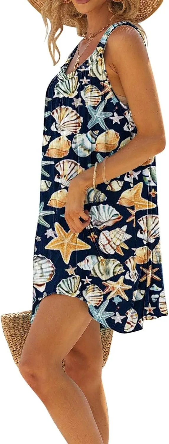 hlysgo Beach Dresses for Women 2025 Vacation Summer Sleeveless Mini Sundresses Trendy Floral Printed Swimsuit Coverup Dress