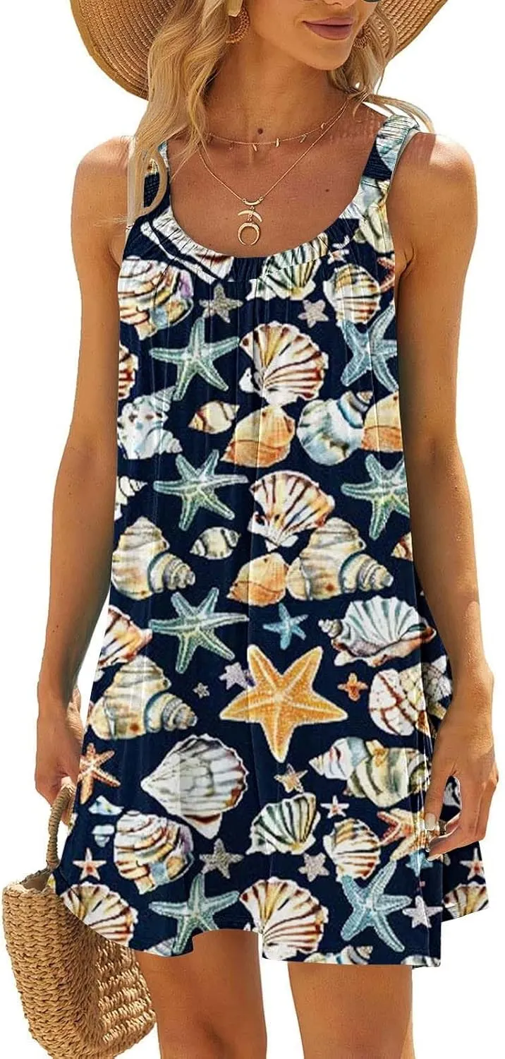 hlysgo Beach Dresses for Women 2025 Vacation Summer Sleeveless Mini Sundresses Trendy Floral Printed Swimsuit Coverup Dress