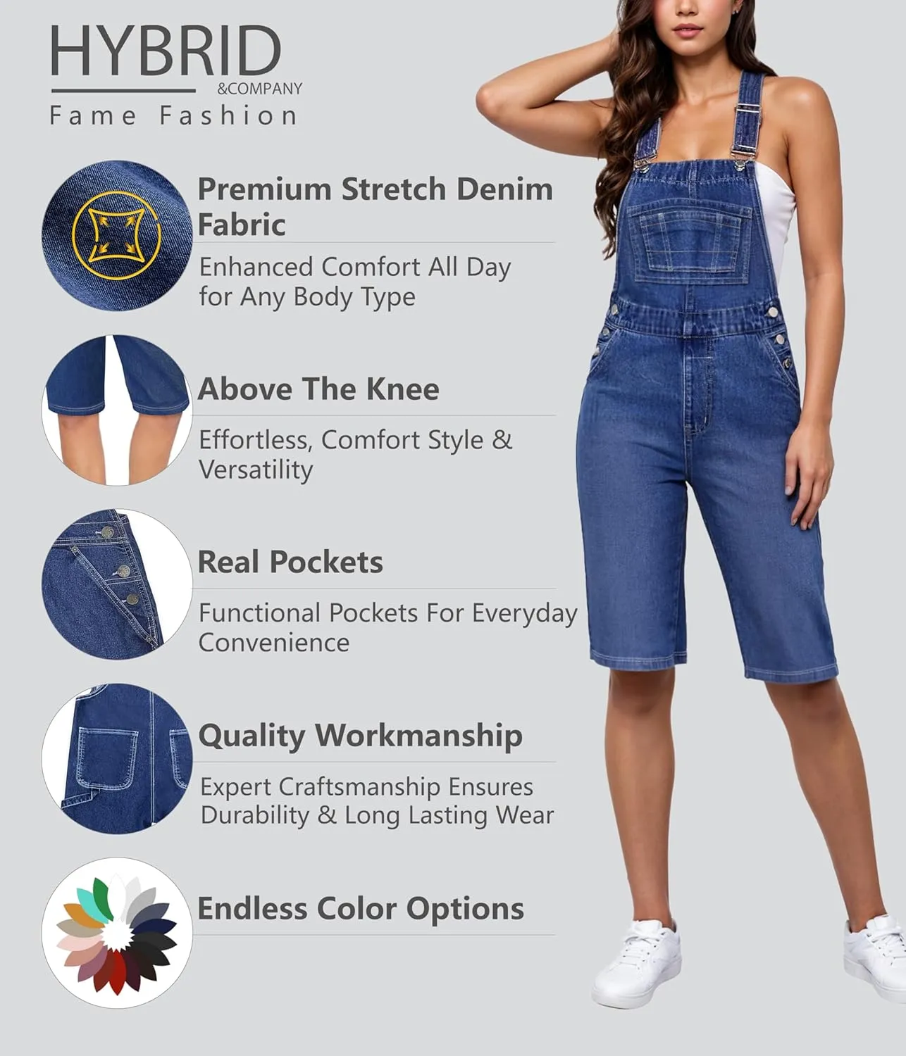 Hybrid & Company Womens Leisure Adjustable Straps Stretch Bermuda Denim jumpsuits Overalls