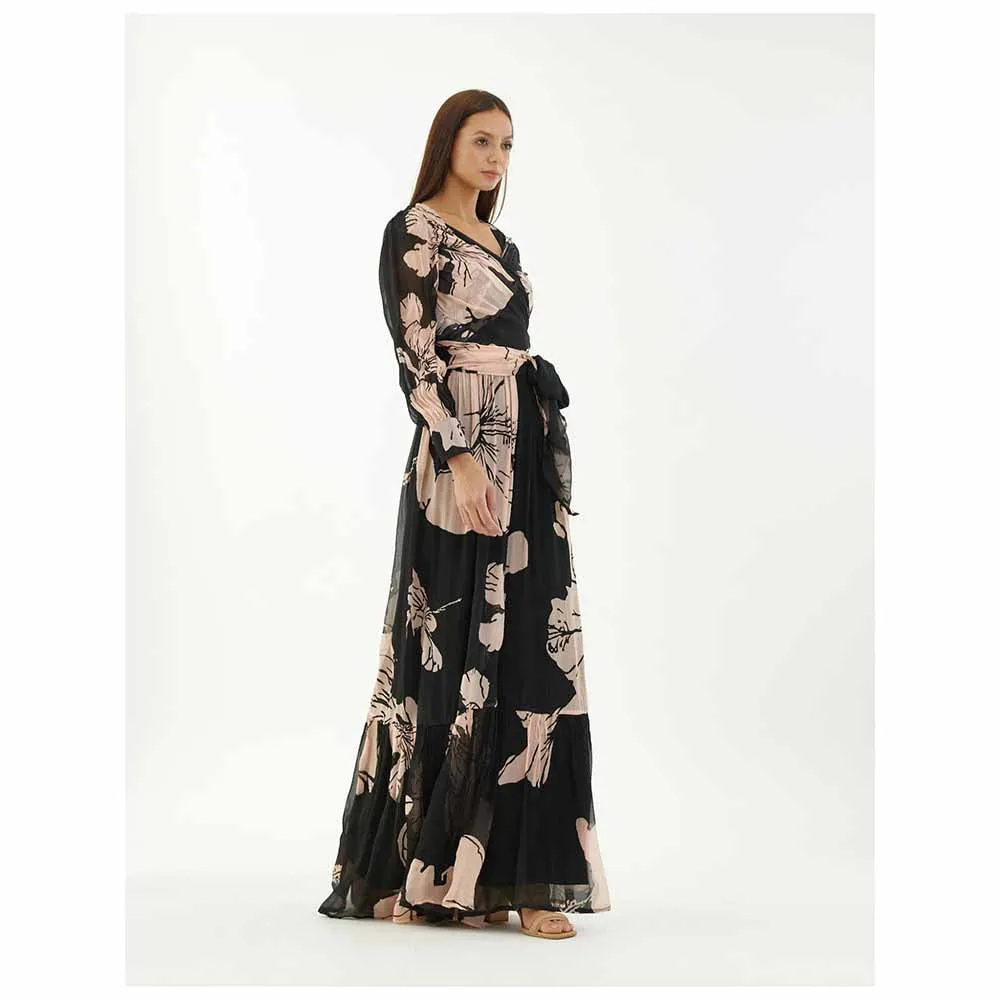 KoAi Black and Pink Floral Wrap Jumpsuit