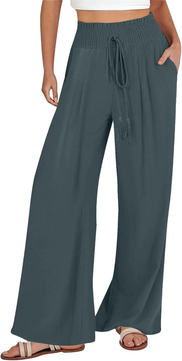 Linen Pants for Women Casual High Waisted Palazzo Pants Lightweight Summer Flowy Beach Pants with Pockets