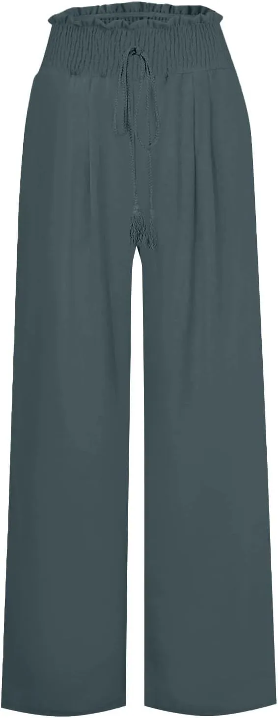 Linen Pants for Women Casual High Waisted Palazzo Pants Lightweight Summer Flowy Beach Pants with Pockets