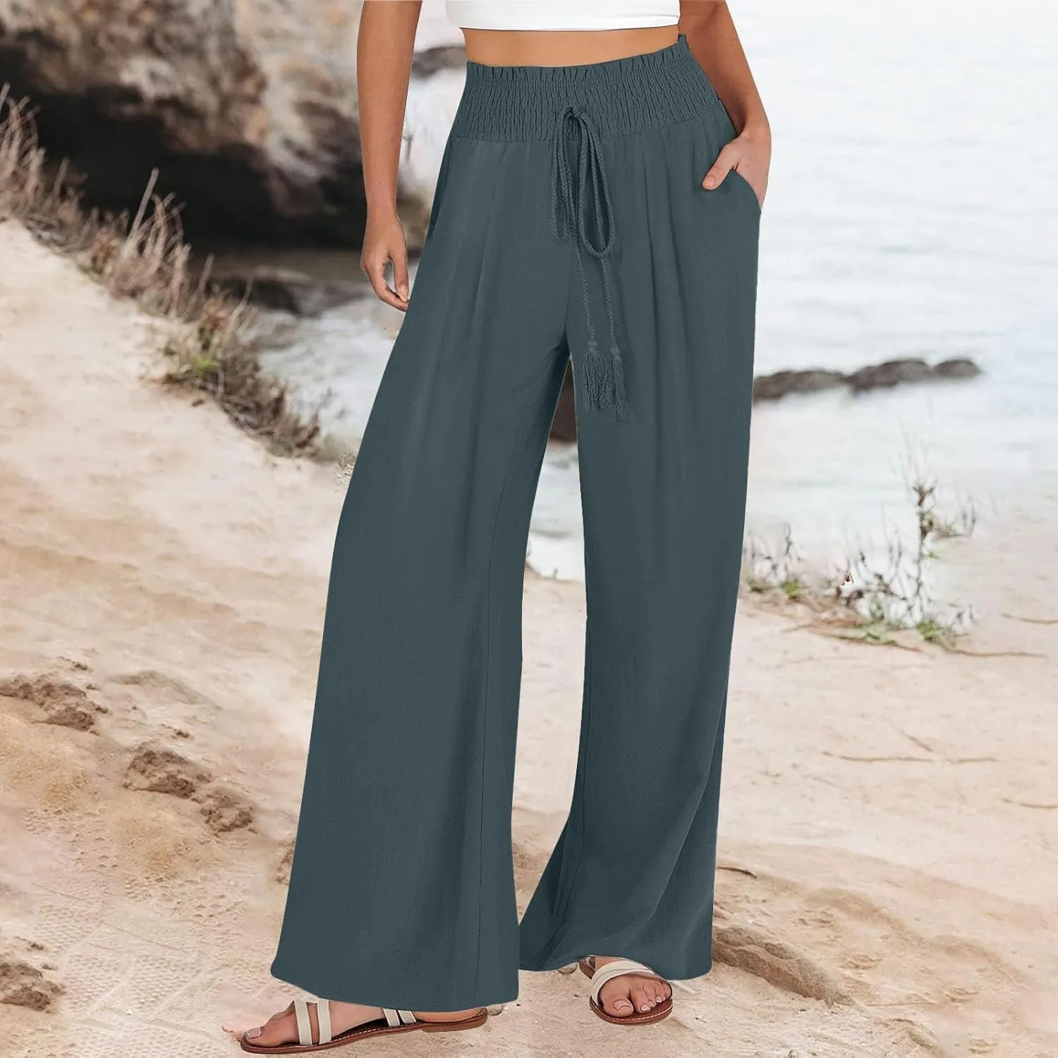 Linen Pants for Women Casual High Waisted Palazzo Pants Lightweight Summer Flowy Beach Pants with Pockets