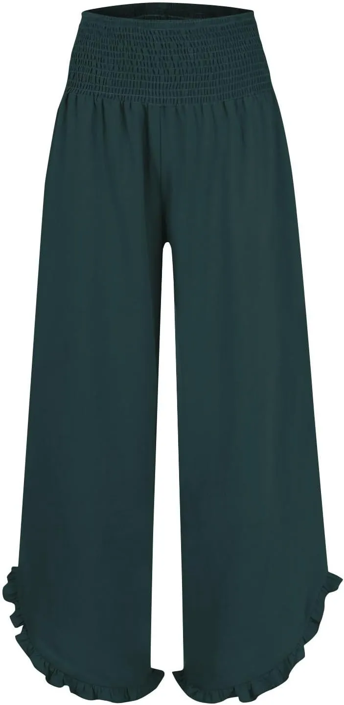 Linen Wide Leg Pants for Women Smocked High Waisted Palazzo Pants Boho Flowy Ruffle Hem Beach Trousers with Pockets
