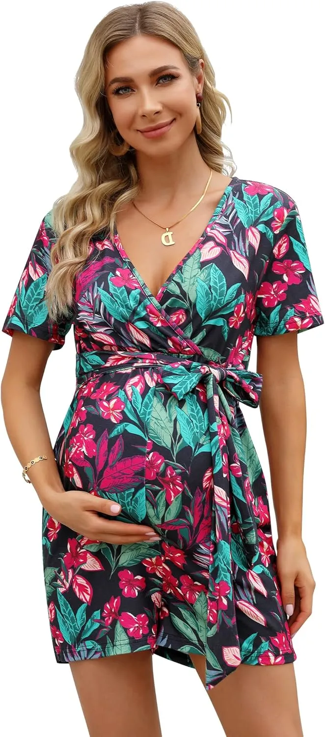 Maternity Jumpsuit Women's V Neck Short Sleeve Casual Jumpsuit High Waist Nursing Romper with Belt