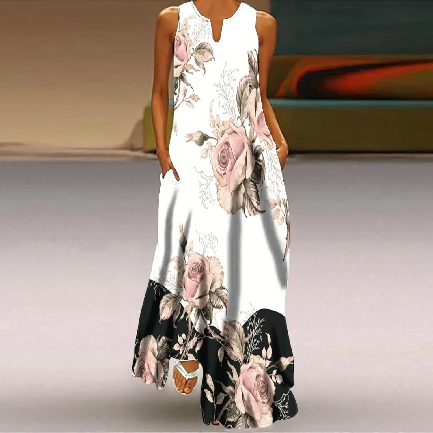 Maxi Sundress for Women Trendy 2025 Summer Dress Floral Print V Neck Dresses Sleeveless Boho Dress Beach Outfits