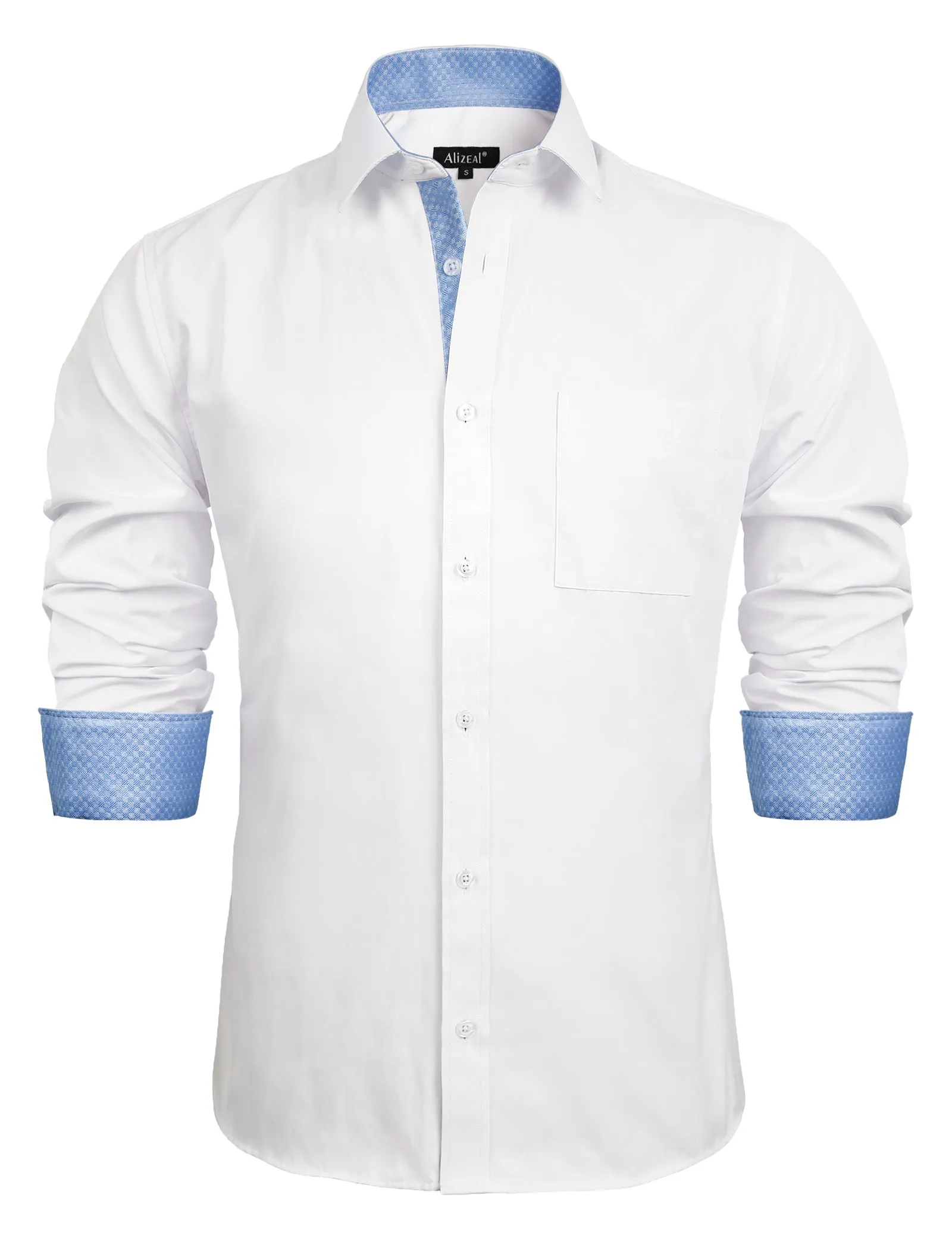 Men's Long Sleeve Dress Shirts Polka Dot Patchwork Button Down Formal Shirts, 116-White Light Blue Dots
