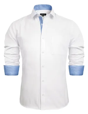 Men's Long Sleeve Dress Shirts Polka Dot Patchwork Button Down Formal Shirts, 116-White Light Blue Dots