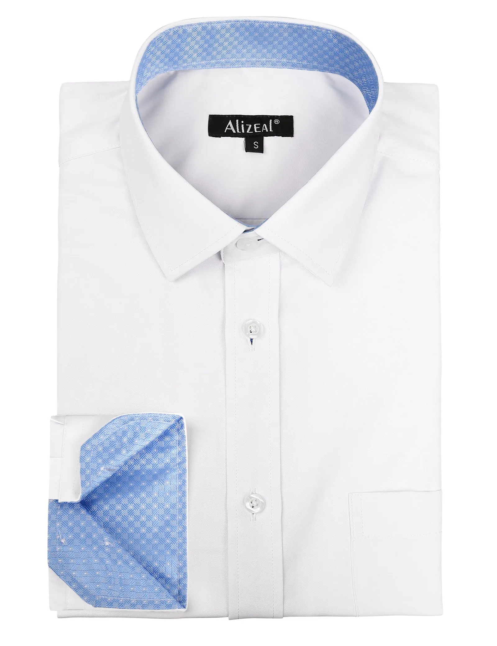 Men's Long Sleeve Dress Shirts Polka Dot Patchwork Button Down Formal Shirts, 116-White Light Blue Dots