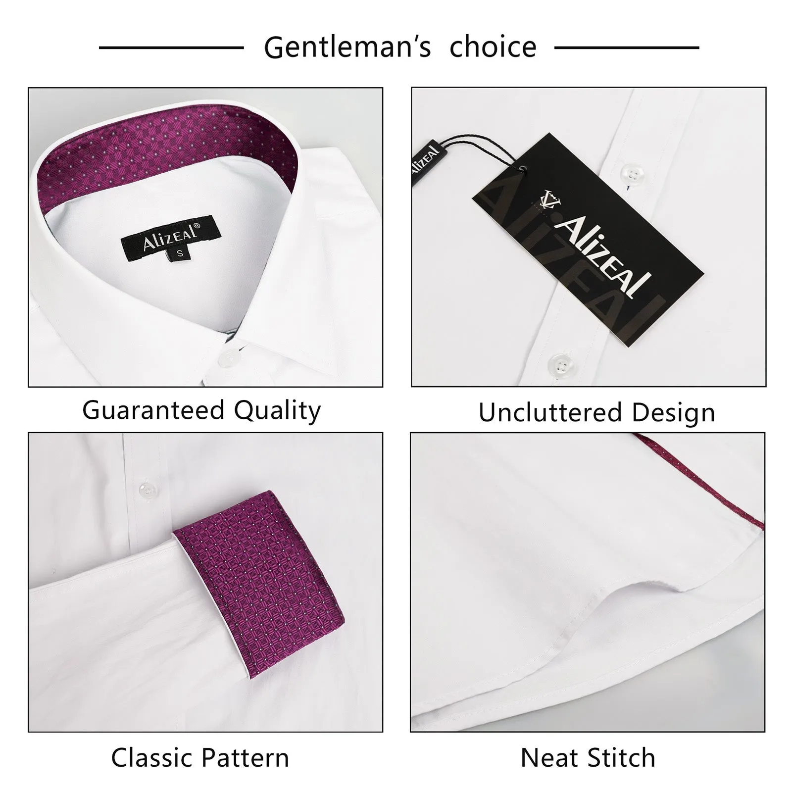 Men's Long Sleeve Dress Shirts Polka Dot Patchwork Button Down Formal Shirts, 116-White Plum Dots