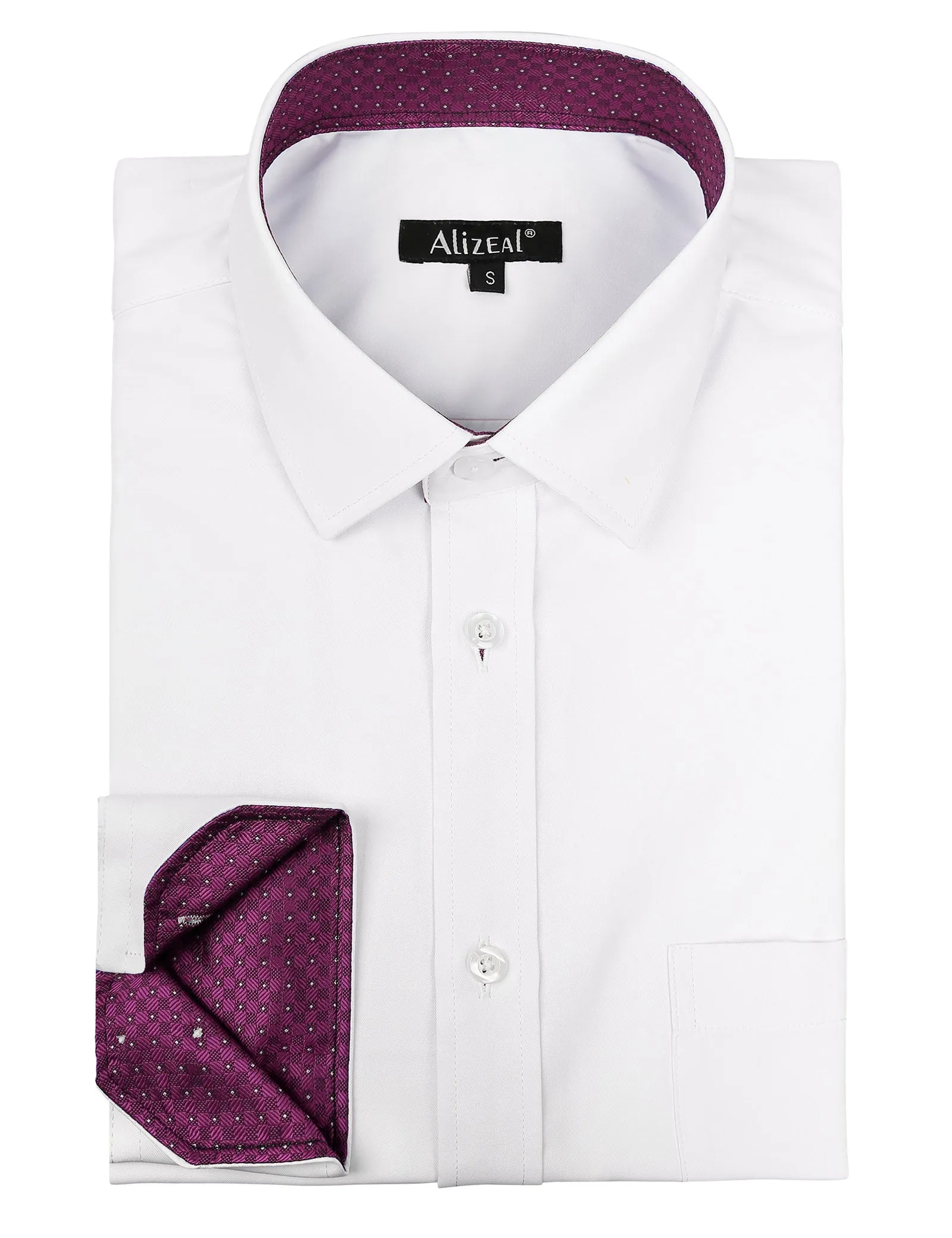 Men's Long Sleeve Dress Shirts Polka Dot Patchwork Button Down Formal Shirts, 116-White Plum Dots