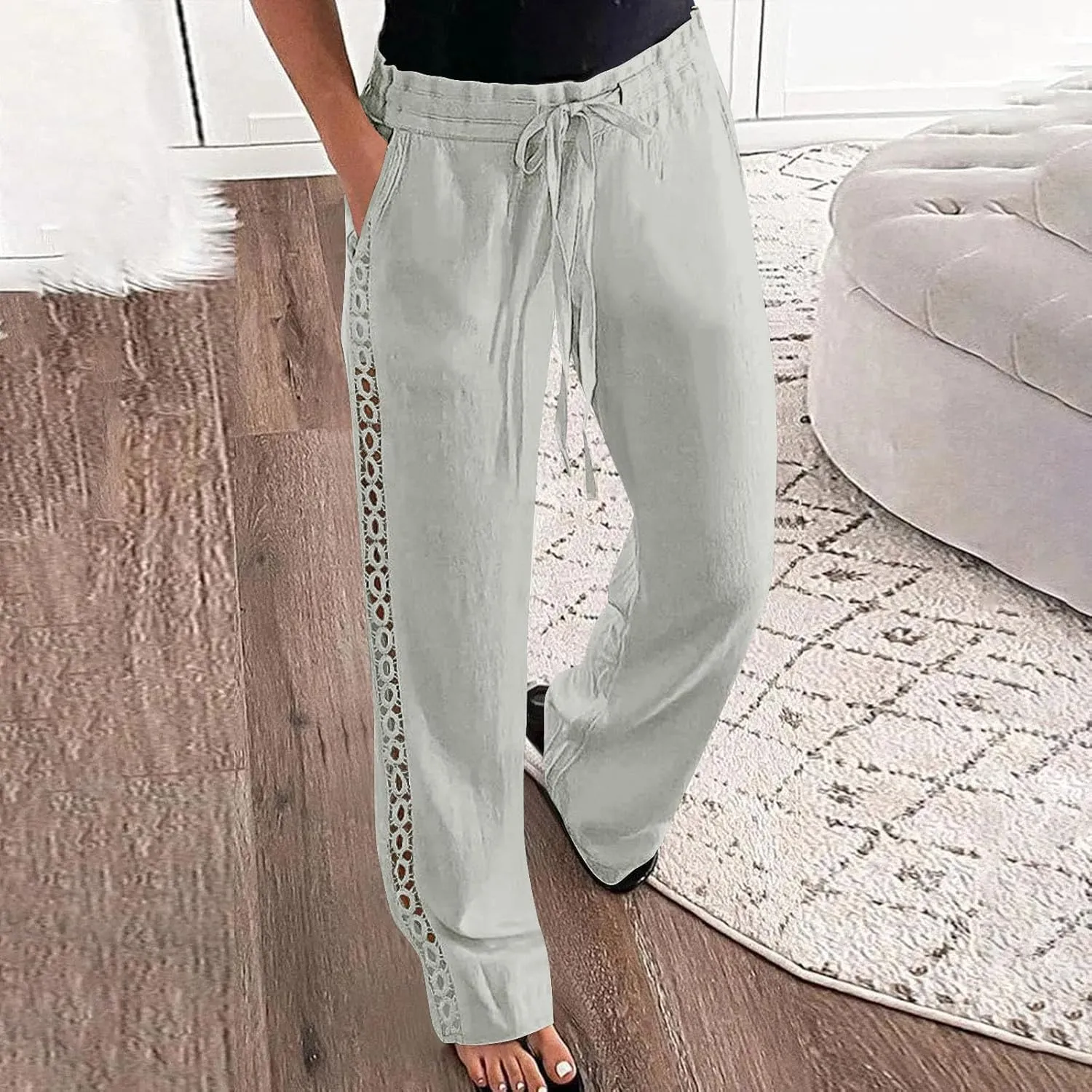 SHOPESSA Linen Pants Women 2025 Summer Hollow Out Side Long Pants Casual Wide Leg Palazzo Pants with Pockets
