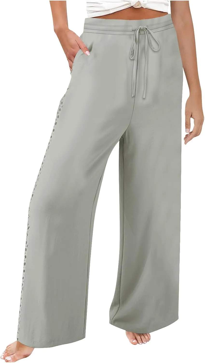 SHOPESSA Linen Pants Women 2025 Summer Hollow Out Side Long Pants Casual Wide Leg Palazzo Pants with Pockets