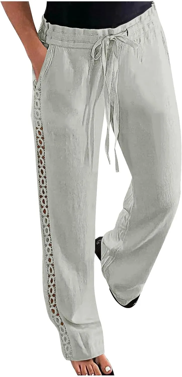 SHOPESSA Linen Pants Women 2025 Summer Hollow Out Side Long Pants Casual Wide Leg Palazzo Pants with Pockets