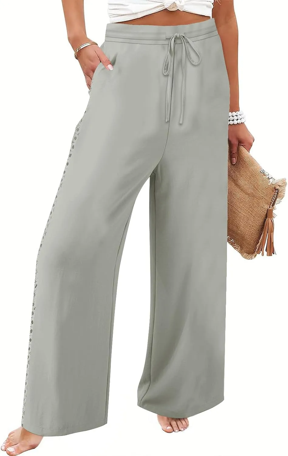 SHOPESSA Linen Pants Women 2025 Summer Hollow Out Side Long Pants Casual Wide Leg Palazzo Pants with Pockets