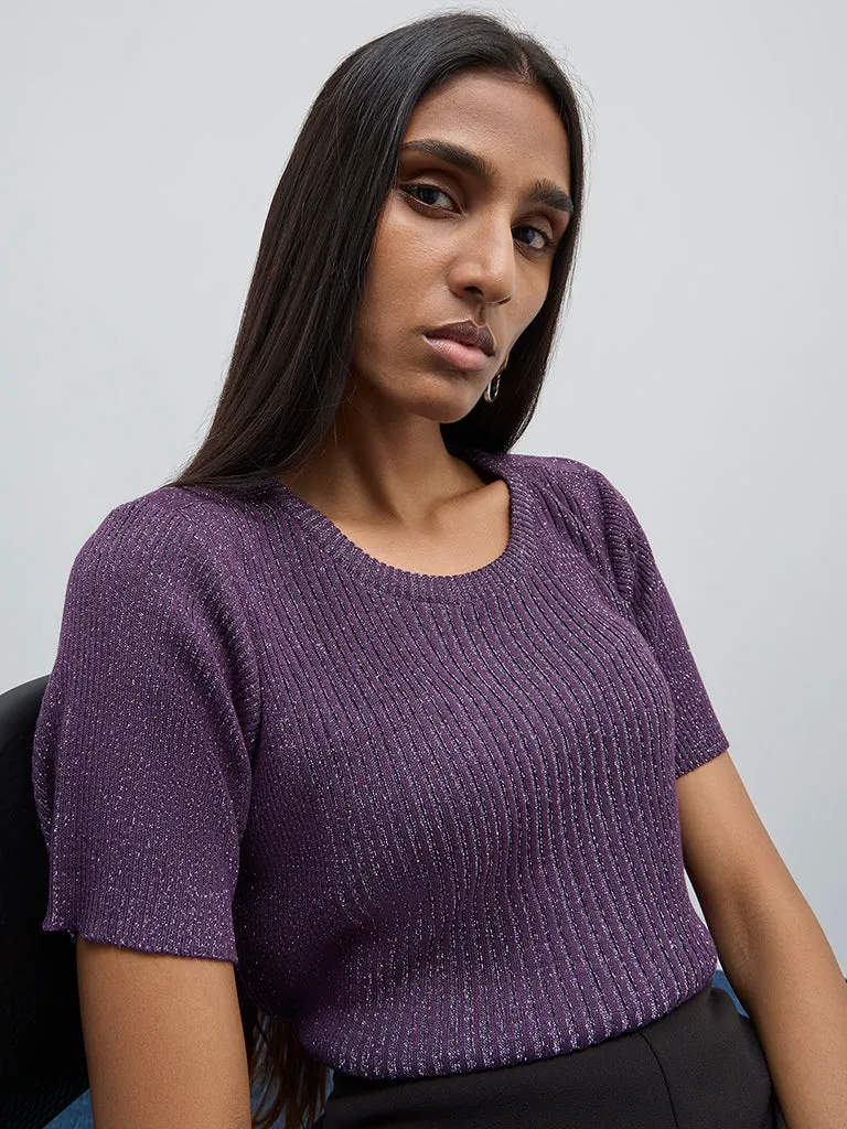 Wardrobe Purple Ribbed Glitter Top
