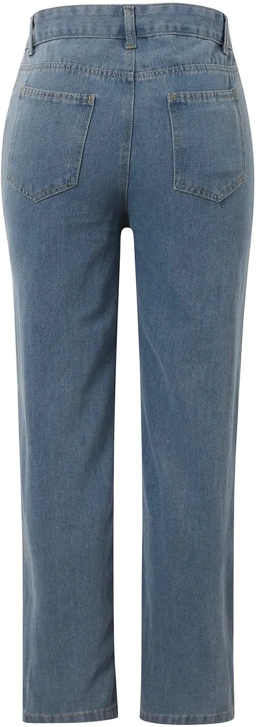 Wide Leg Jeans for Women High Waisted Stretchy Casual Denim Pants Vintage Wash Loose Comfy Jean Trousers with Pocket