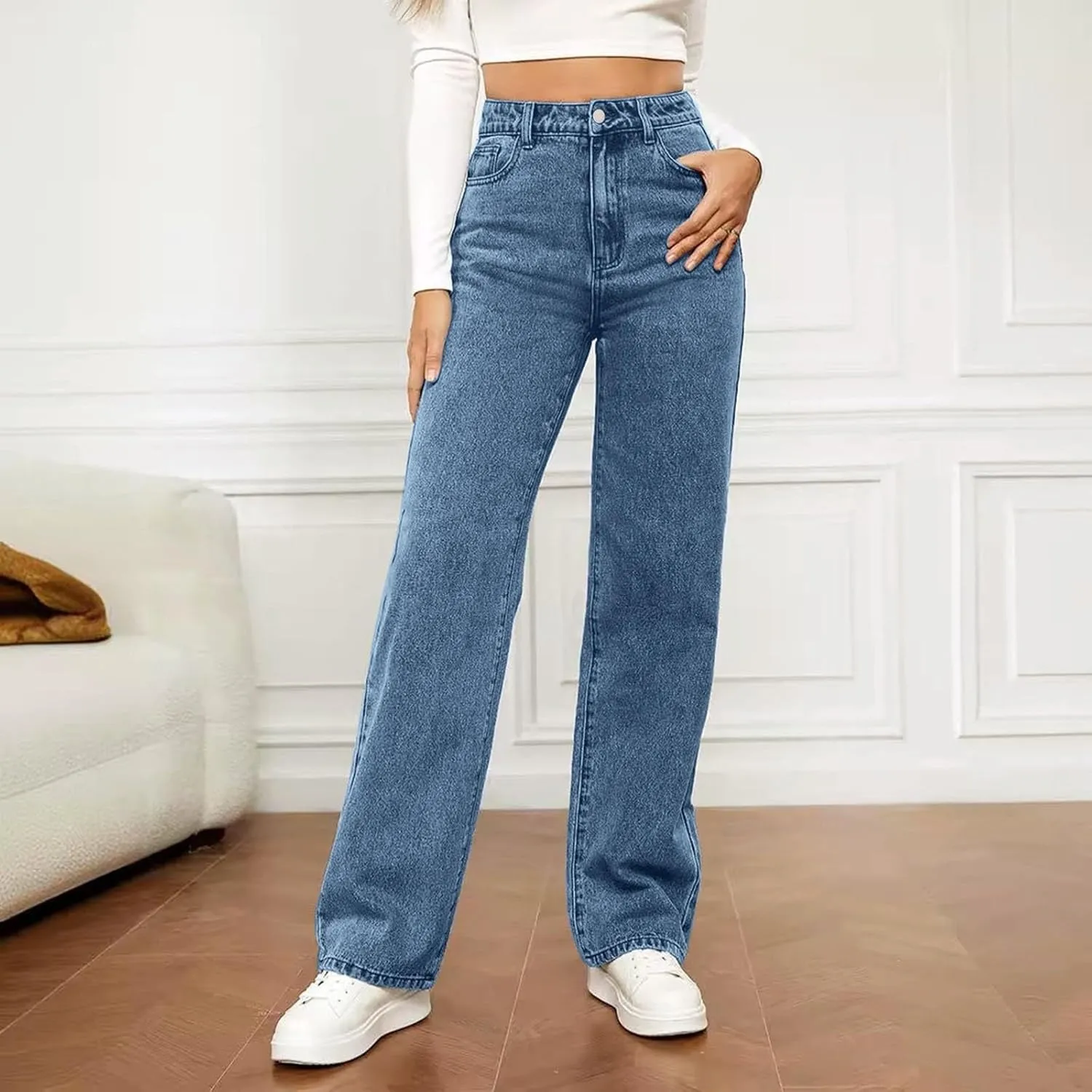 Wide Leg Jeans for Women High Waisted Stretchy Casual Denim Pants Vintage Wash Loose Comfy Jean Trousers with Pocket