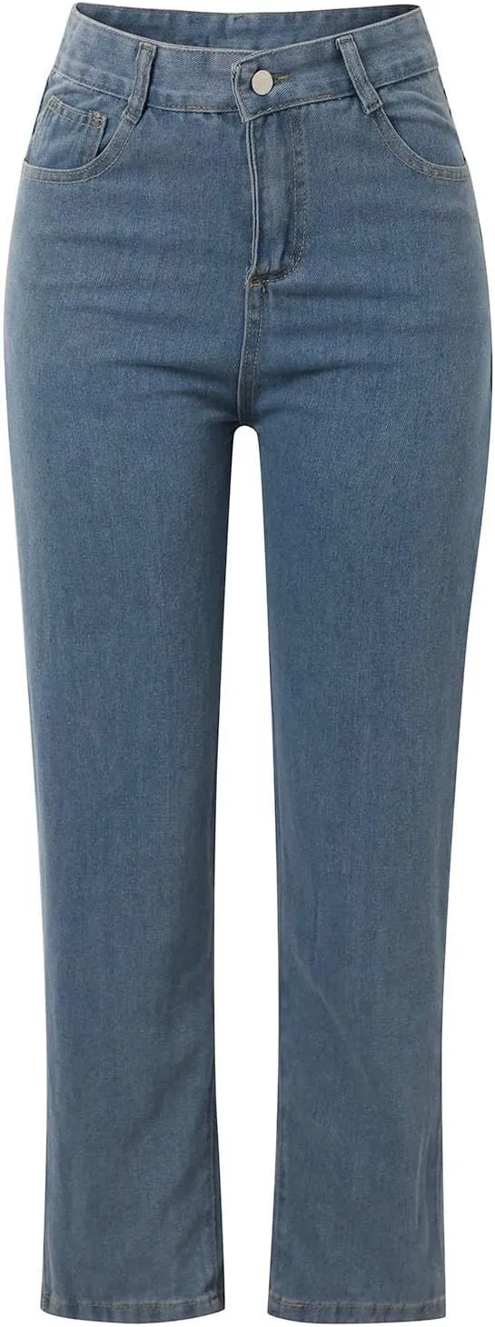Wide Leg Jeans for Women High Waisted Stretchy Casual Denim Pants Vintage Wash Loose Comfy Jean Trousers with Pocket