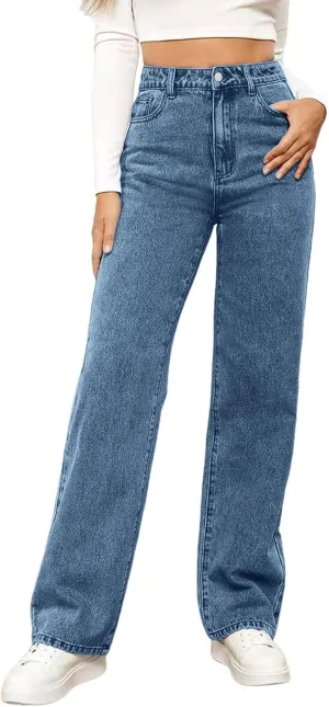 Wide Leg Jeans for Women High Waisted Stretchy Casual Denim Pants Vintage Wash Loose Comfy Jean Trousers with Pocket