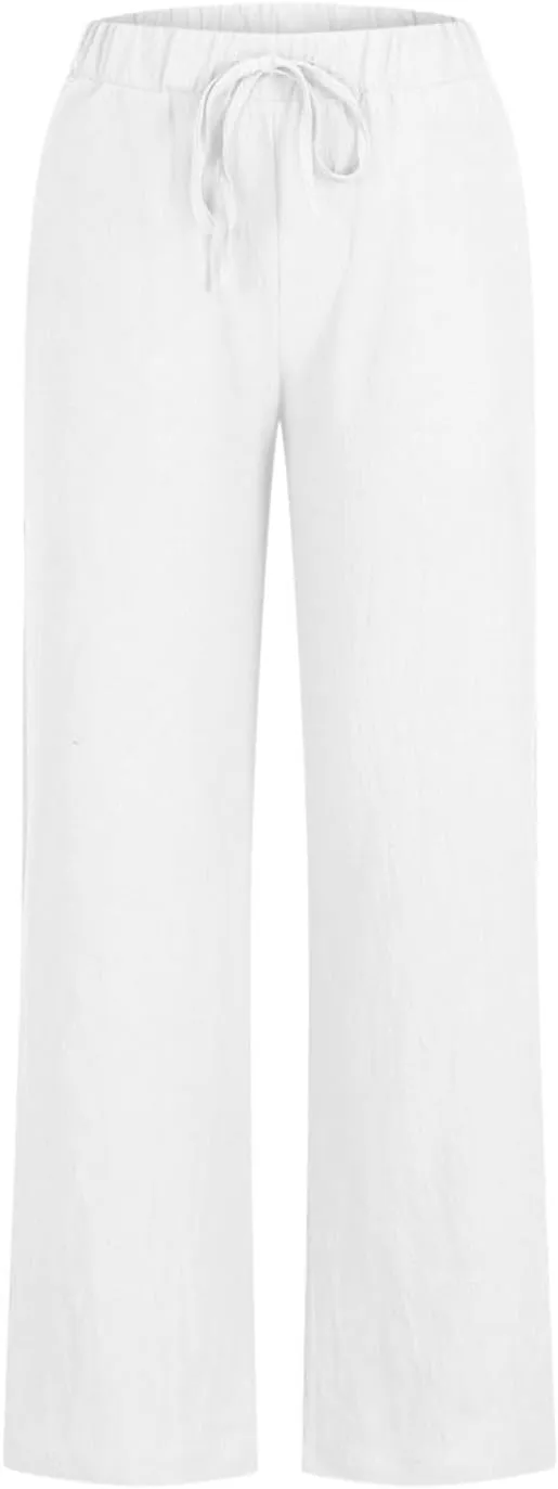 Women Linen Pants Summer Lightweight Wide Leg Trousers Drawstring Low Waisted Palazzo Pants with Pockets