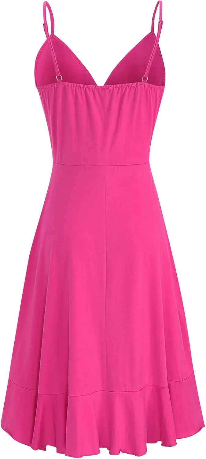 Women Summer Wrap V Neck Adjustable Spaghetti Straps Chest Pleats Casual Ruffle Dress Blossoms Strap Dress