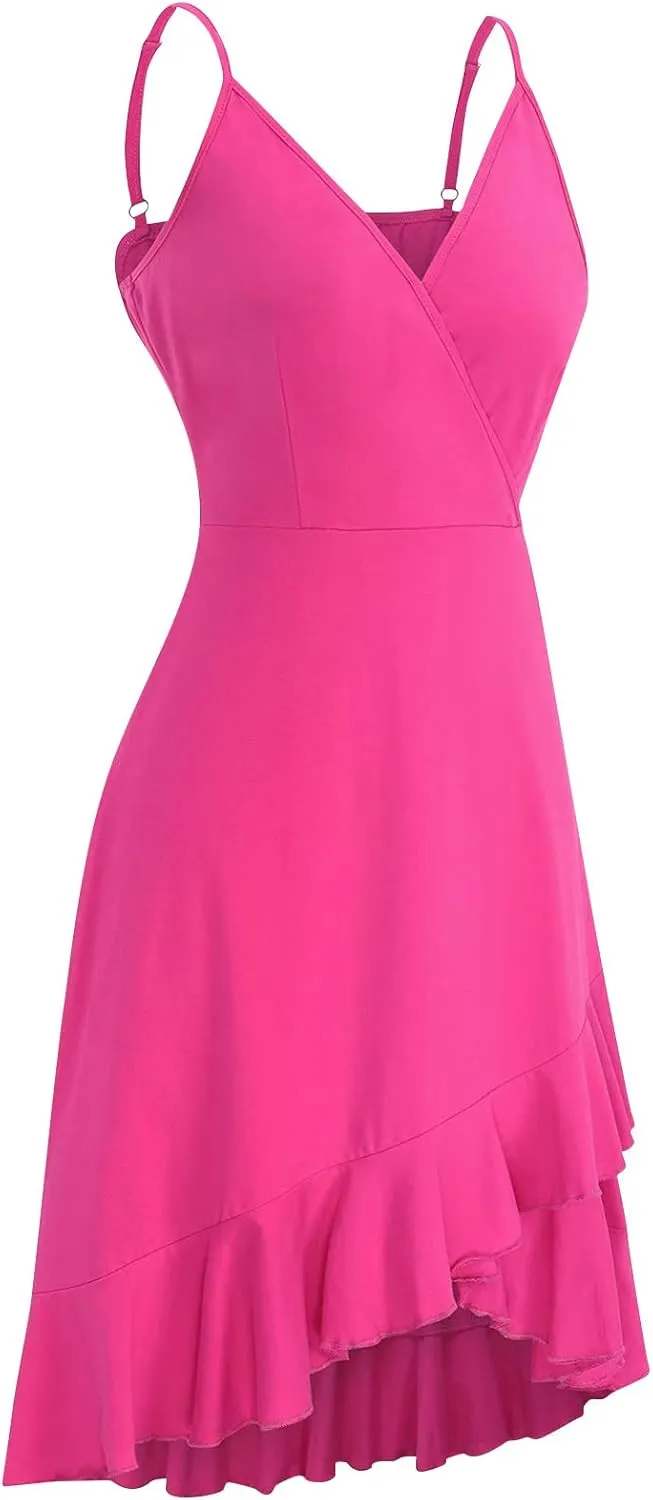 Women Summer Wrap V Neck Adjustable Spaghetti Straps Chest Pleats Casual Ruffle Dress Blossoms Strap Dress