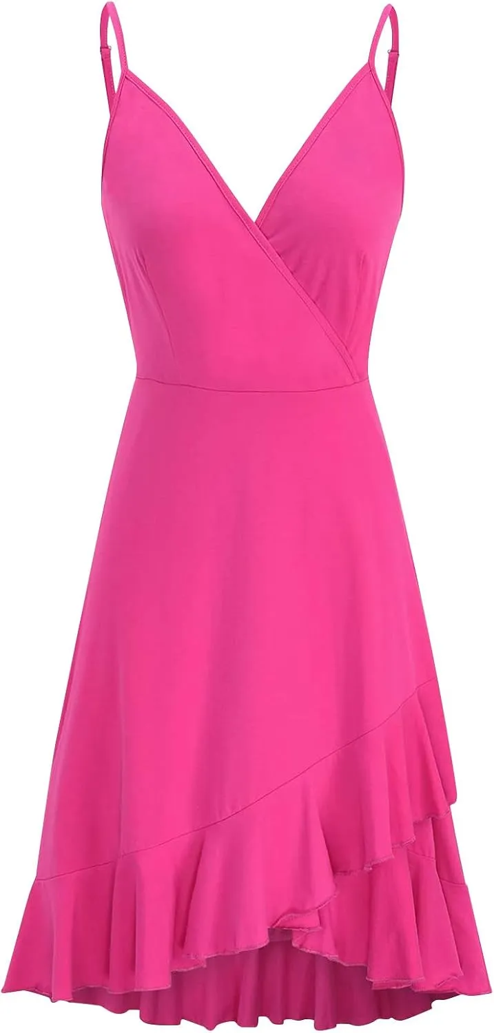 Women Summer Wrap V Neck Adjustable Spaghetti Straps Chest Pleats Casual Ruffle Dress Blossoms Strap Dress