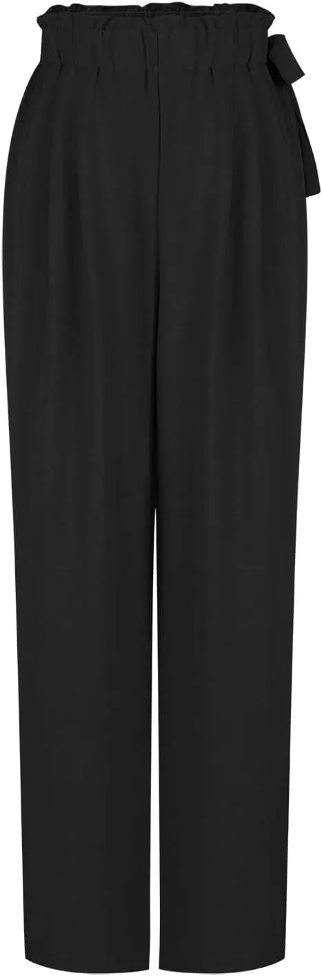Women's High Waist Elastic Pants Summer Loose Wide Leg Trousers Flowy Beach Side Tie Knot Lounge Pants with Pockets