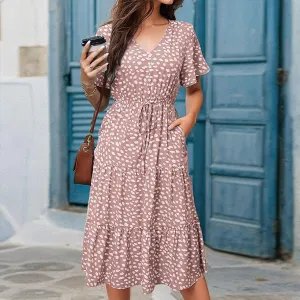 Womens Peplum Dress Summer Short Sleeve V Neck Beach Dresses Drawstring Waist A-Line Flowy Midi Dress for Vacation