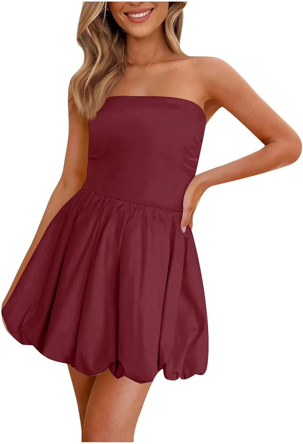Women's Strapless Tube Top Beach Mini Dress Summer Sleeveless Smocked A Line Dresses Ruffle Beach Vacation Sundress