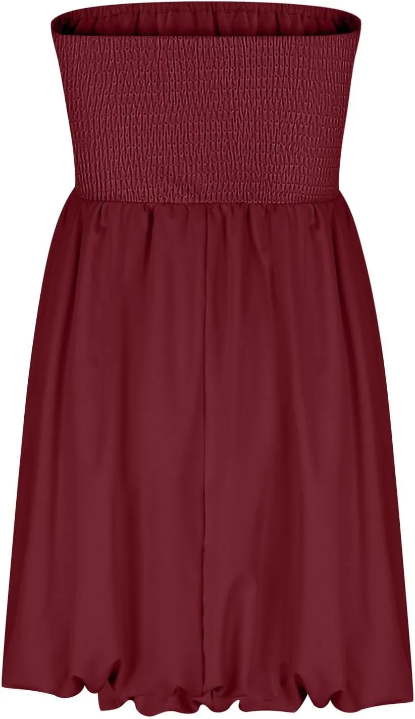 Women's Strapless Tube Top Beach Mini Dress Summer Sleeveless Smocked A Line Dresses Ruffle Beach Vacation Sundress