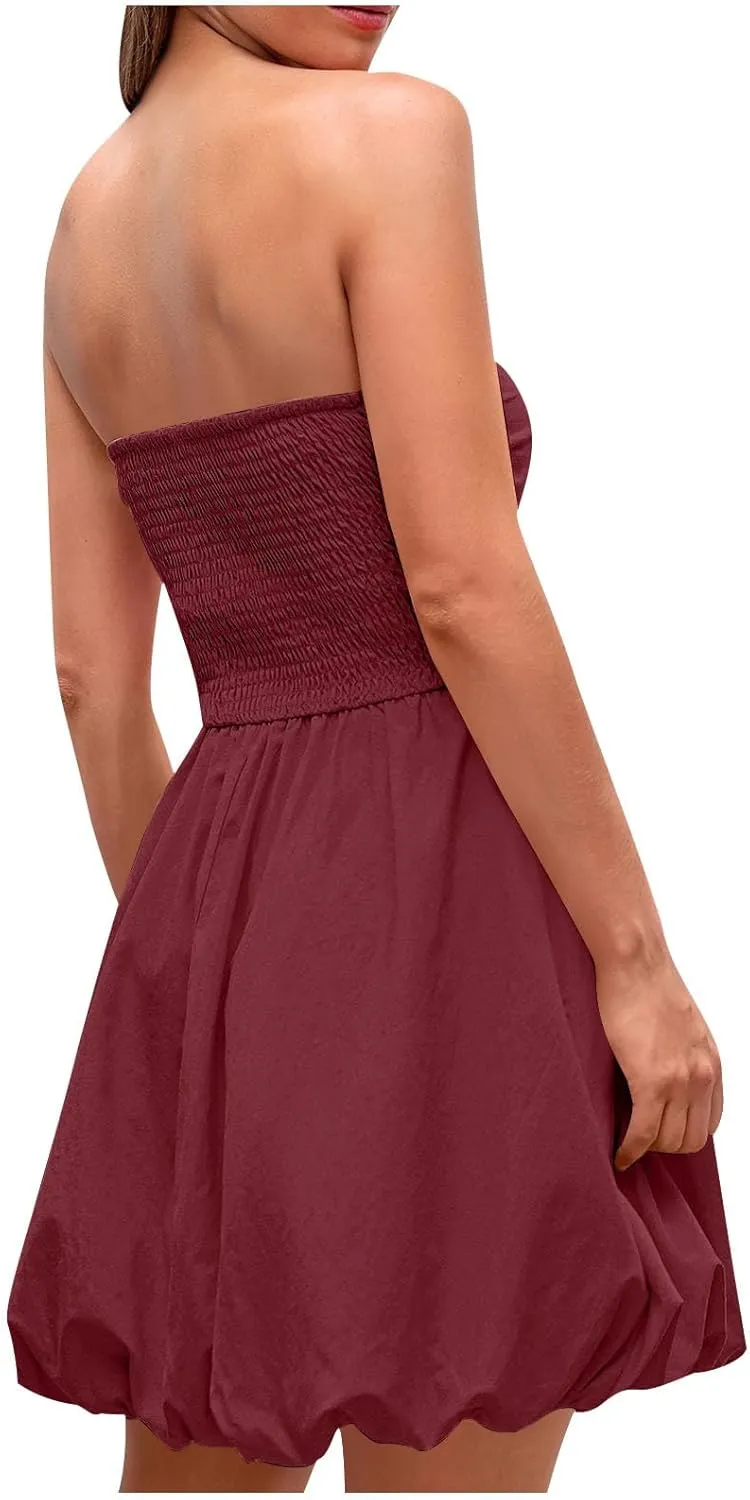 Women's Strapless Tube Top Beach Mini Dress Summer Sleeveless Smocked A Line Dresses Ruffle Beach Vacation Sundress