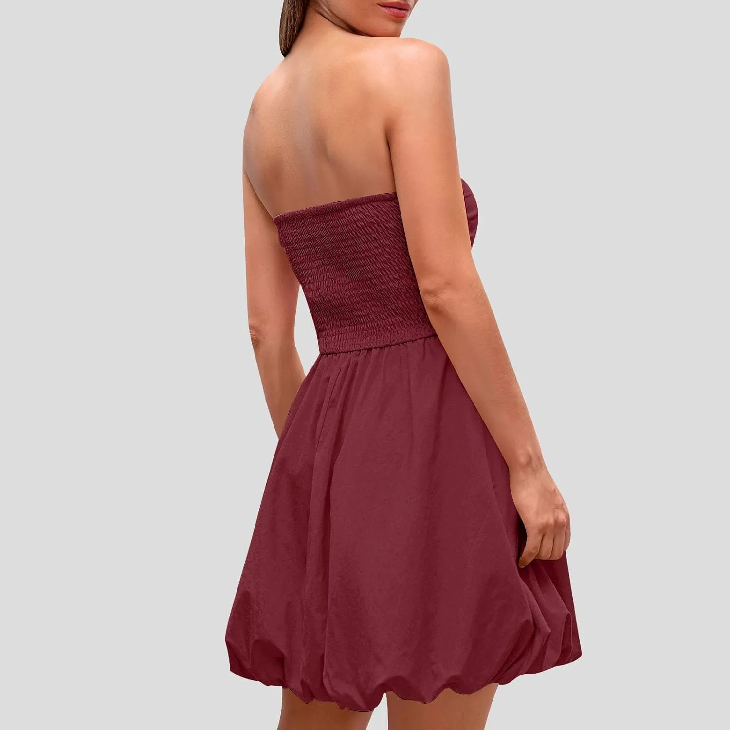 Women's Strapless Tube Top Beach Mini Dress Summer Sleeveless Smocked A Line Dresses Ruffle Beach Vacation Sundress