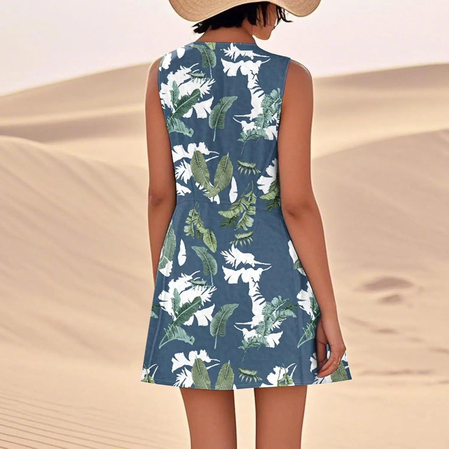 Women's Summer Cotton Linen Midi Dress Sleeveless Boho Beach Tank Dresses Plus Size Loose Comfy Dress with Pockets