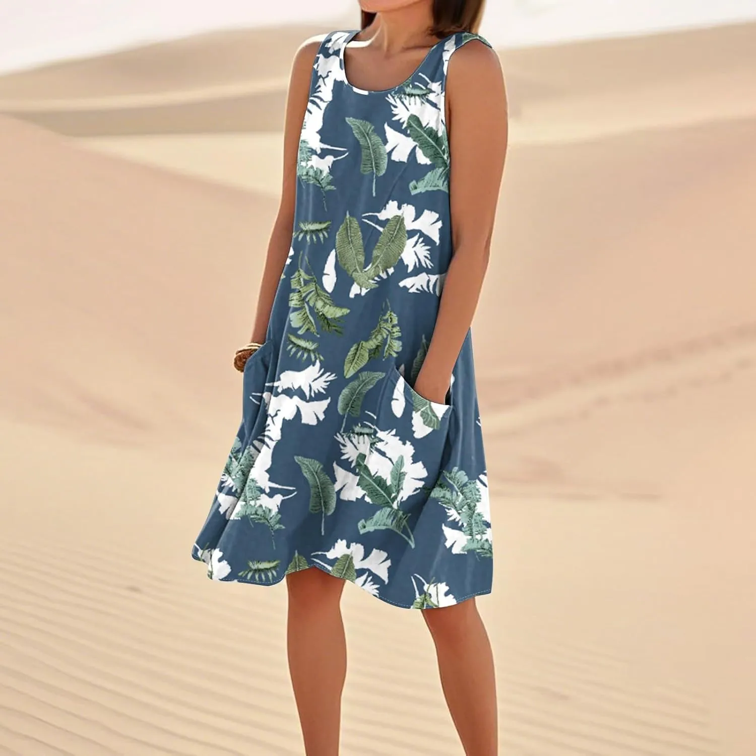 Women's Summer Cotton Linen Midi Dress Sleeveless Boho Beach Tank Dresses Plus Size Loose Comfy Dress with Pockets
