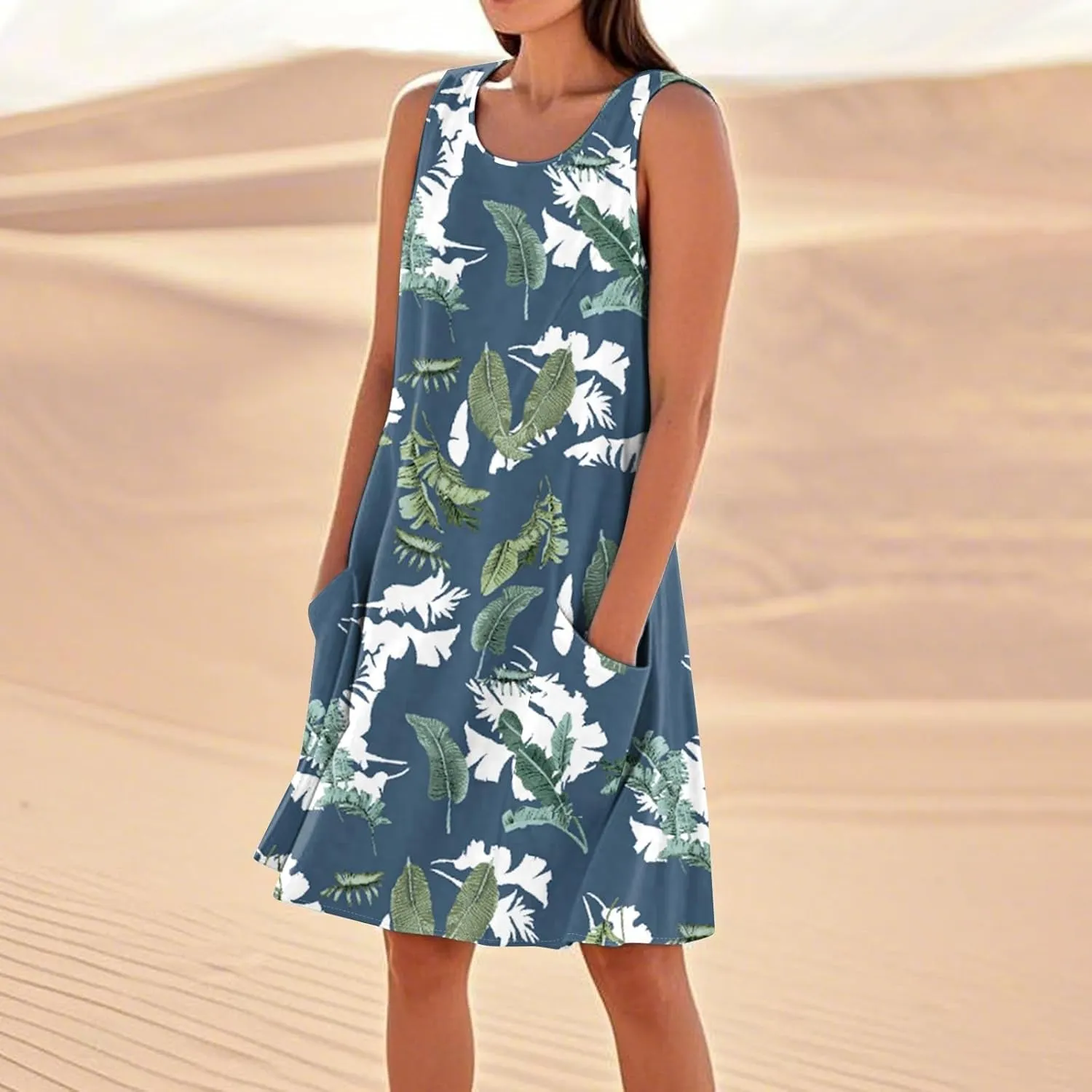 Women's Summer Cotton Linen Midi Dress Sleeveless Boho Beach Tank Dresses Plus Size Loose Comfy Dress with Pockets