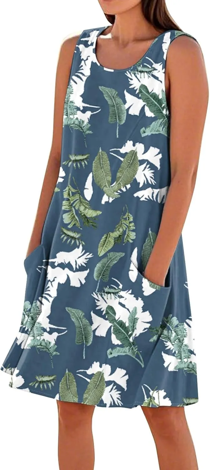 Women's Summer Cotton Linen Midi Dress Sleeveless Boho Beach Tank Dresses Plus Size Loose Comfy Dress with Pockets
