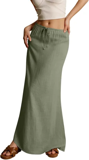 ZWRXW Linen Maxi Skirts for Women Cotton Linen Skirt Elastic Waist Drawstring Waist A Line Skirts Flowy Ankle-Length Skirt
