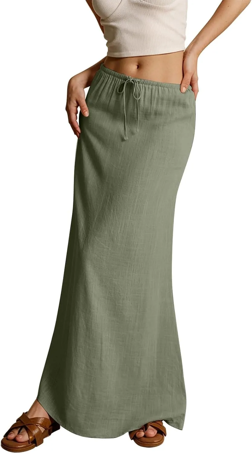 ZWRXW Linen Maxi Skirts for Women Cotton Linen Skirt Elastic Waist Drawstring Waist A Line Skirts Flowy Ankle-Length Skirt